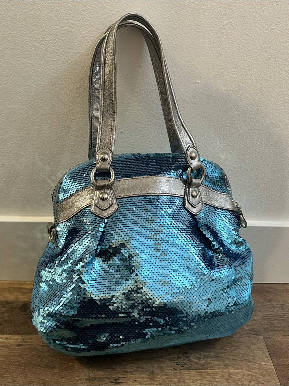 Coach Poppy Spotlight Turquoise Ice Blue Sequin Satchel Y2K Silver Bag - Picture 7 of 10